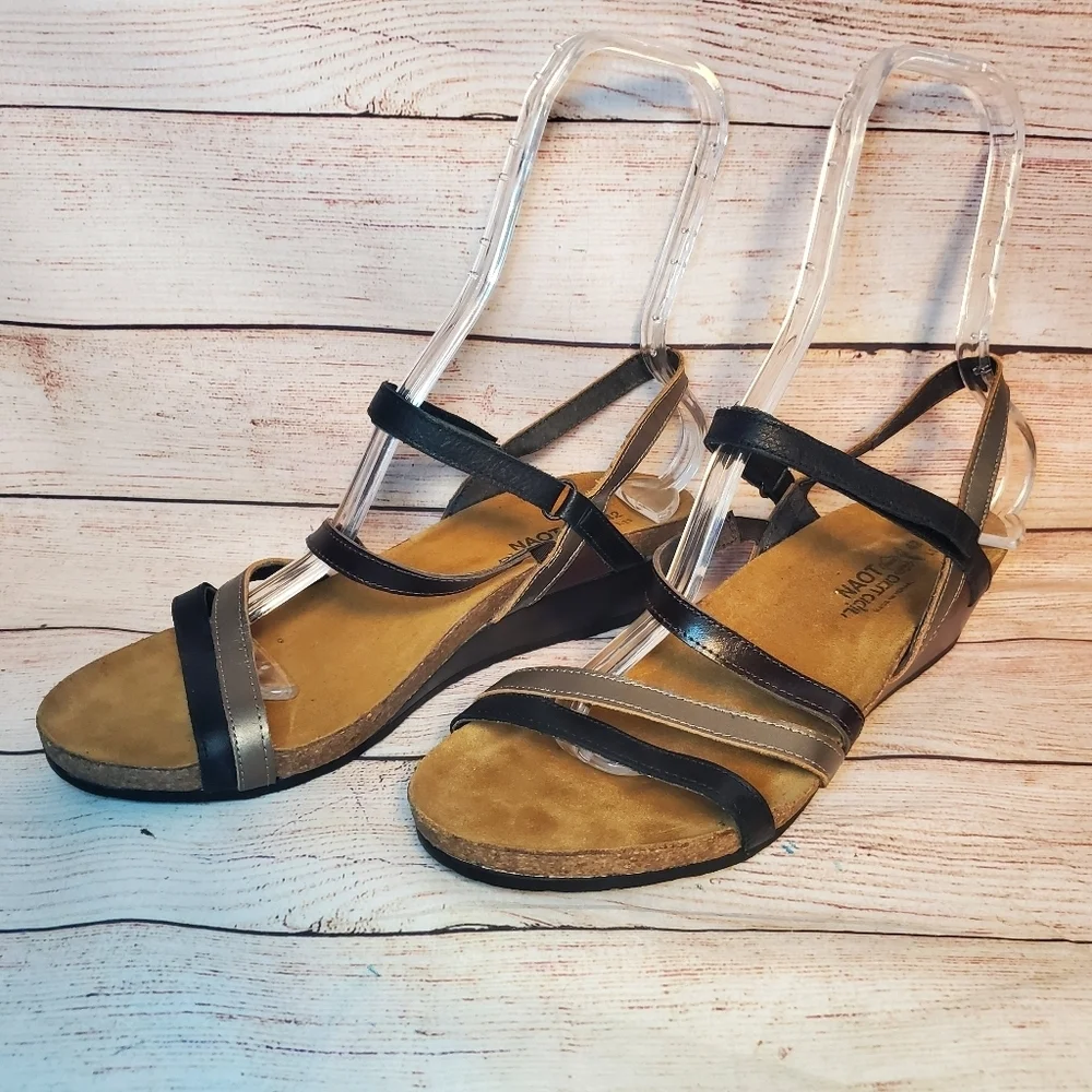 Naot Womens EU 42 US 11 Hero Black/Walnut Leather Wedge Strappy Sandals
